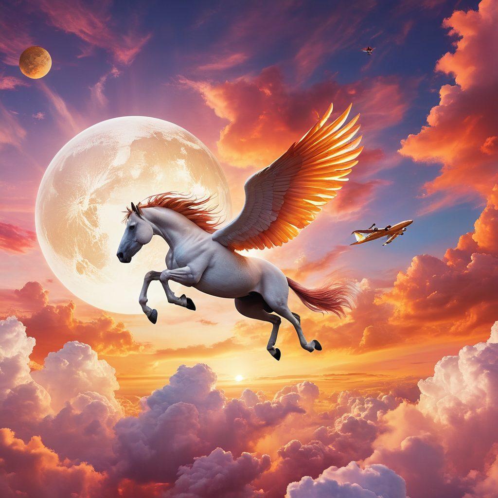 A majestic Pegasus with golden wings soaring above clouds shaped like airplanes, symbolizing travel deals. The background features a vibrant sunset with hues of orange and pink, and a globe subtly integrated into the clouds. super-realistic. vibrant colors. white background.