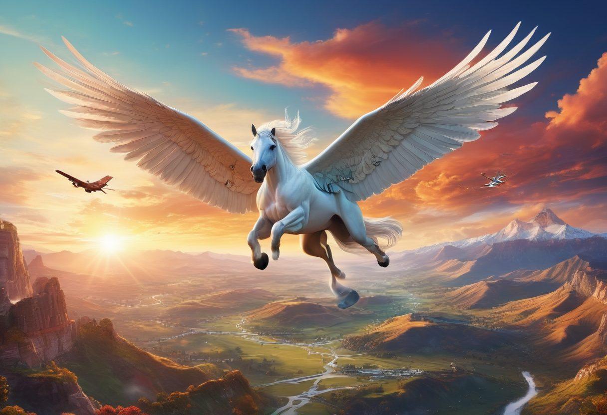 An image of a pegasus soaring through the skies above a picturesque landscape, with an airplane in the background showing travel routes and discount tags floating around. The scene should merge the mythological with the modern, evoking a sense of adventure and affordable travel. vibrant colors. super-realistic.