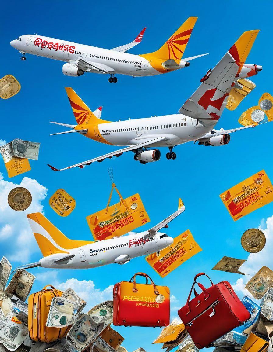 A dynamic collage with Pegasus Airlines planes soaring across a bright blue sky, contrasting with imagery of price tags transforming from 'Expensive' to 'Cheap'. Include excited travelers with bags, maps, and passports. Super-imposed graphic elements of coins and discount labels. vibrant colors. 3D.